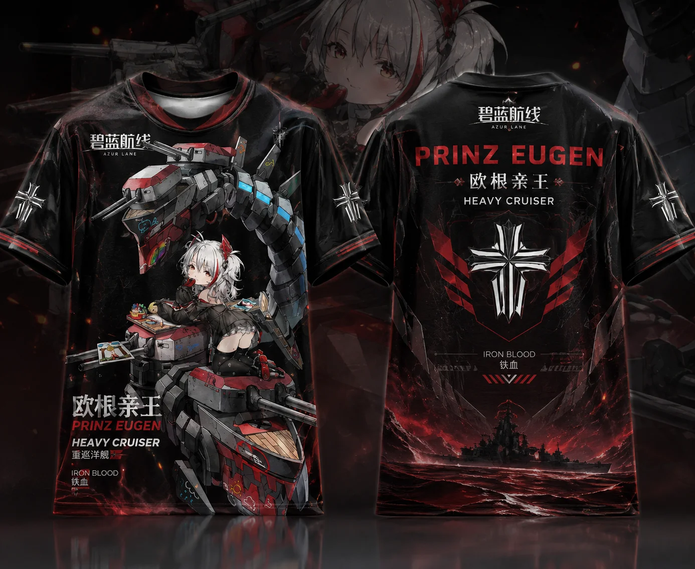 Azur Lane Y2K Full Print T‑Shirts, Prinz Eugen Friedrich Amagi New Jersey, Polyester Mesh, Unisex Anime Cosplay Streetwear Tops