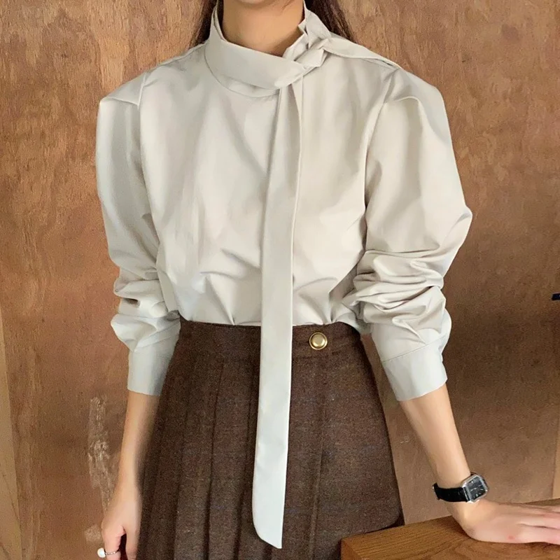 

Chic Autumn Casual Loose Women's Bubble Sve irt Stand Collar Sa Design Pure Color Versatile Comfortable Faionable