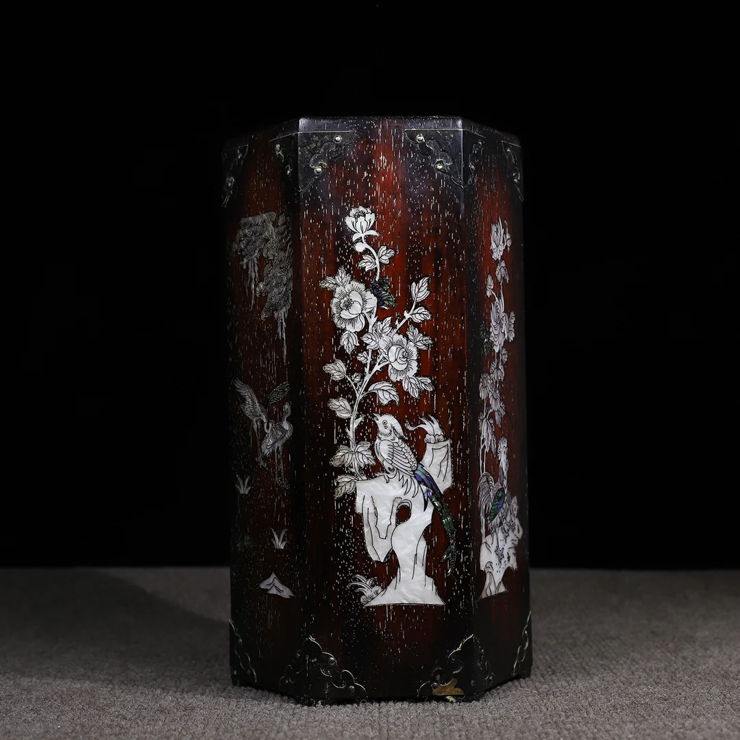 Rosewood Pen Holder With Inlaid Shells And Hexagonal Cap, Length 15Cm
