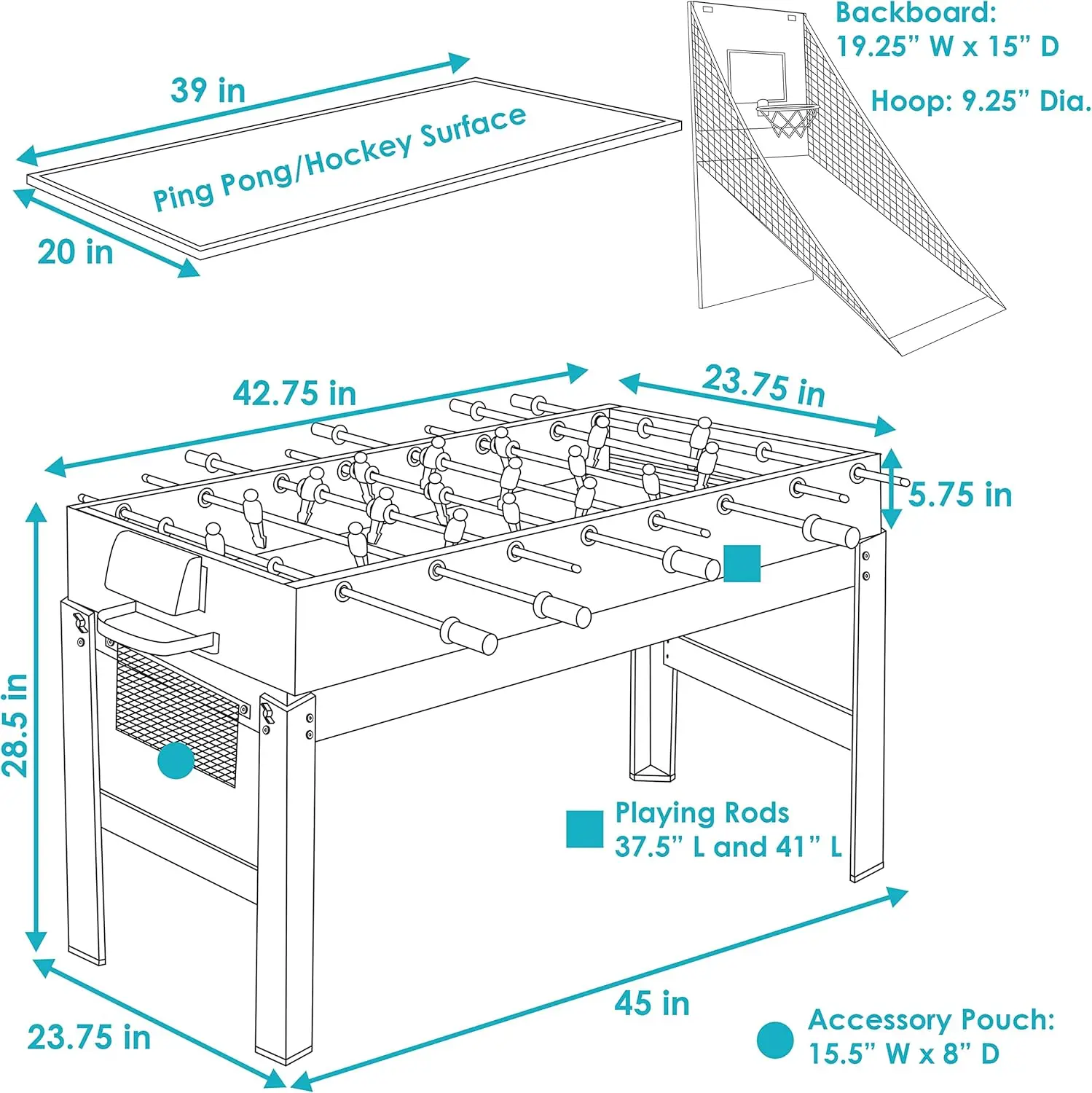 45-Inch 5-in-1 Multi-Game Table - Billiards, Push Hockey, Foosball, Ping Pong, and Basketball - Weathered Gray