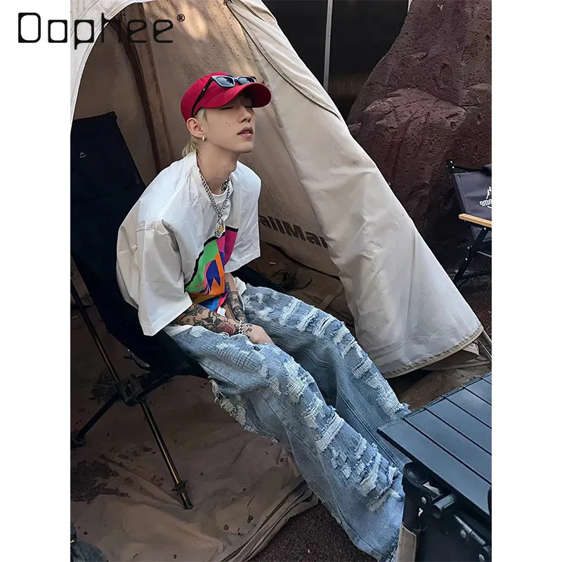 2026 Autumn Men’s Flare Denim Trousers American High Street Ripped Vintage Wash Wide Leg Male Distressed Casual Hip Hop Jeans
