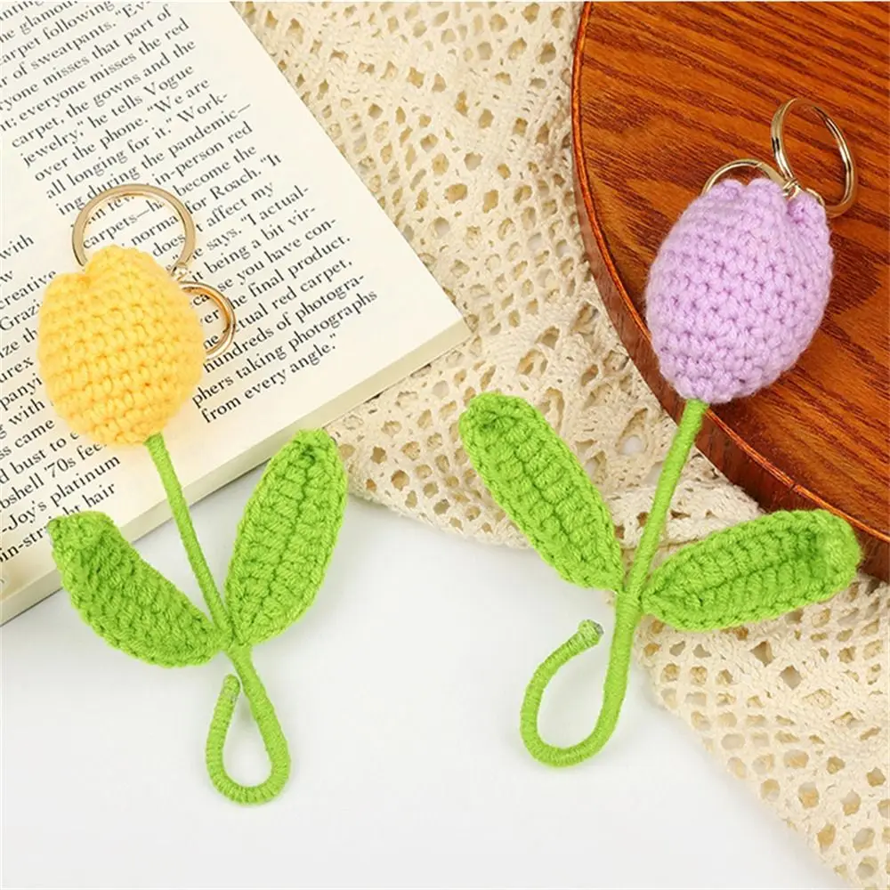 Girl Women Handmade Knitted Keychain Sweet Cute DIY Craft Crochet Flowers Tulip Plant Weaved Keyrings Car Pendant