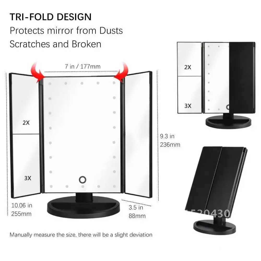 Foldable Makeup Mirror With LED Light 3 Folding 1X 2X 3X Desktop Vanity Mirror Dimmable Rotatable With Touch Switch LED Mirrors