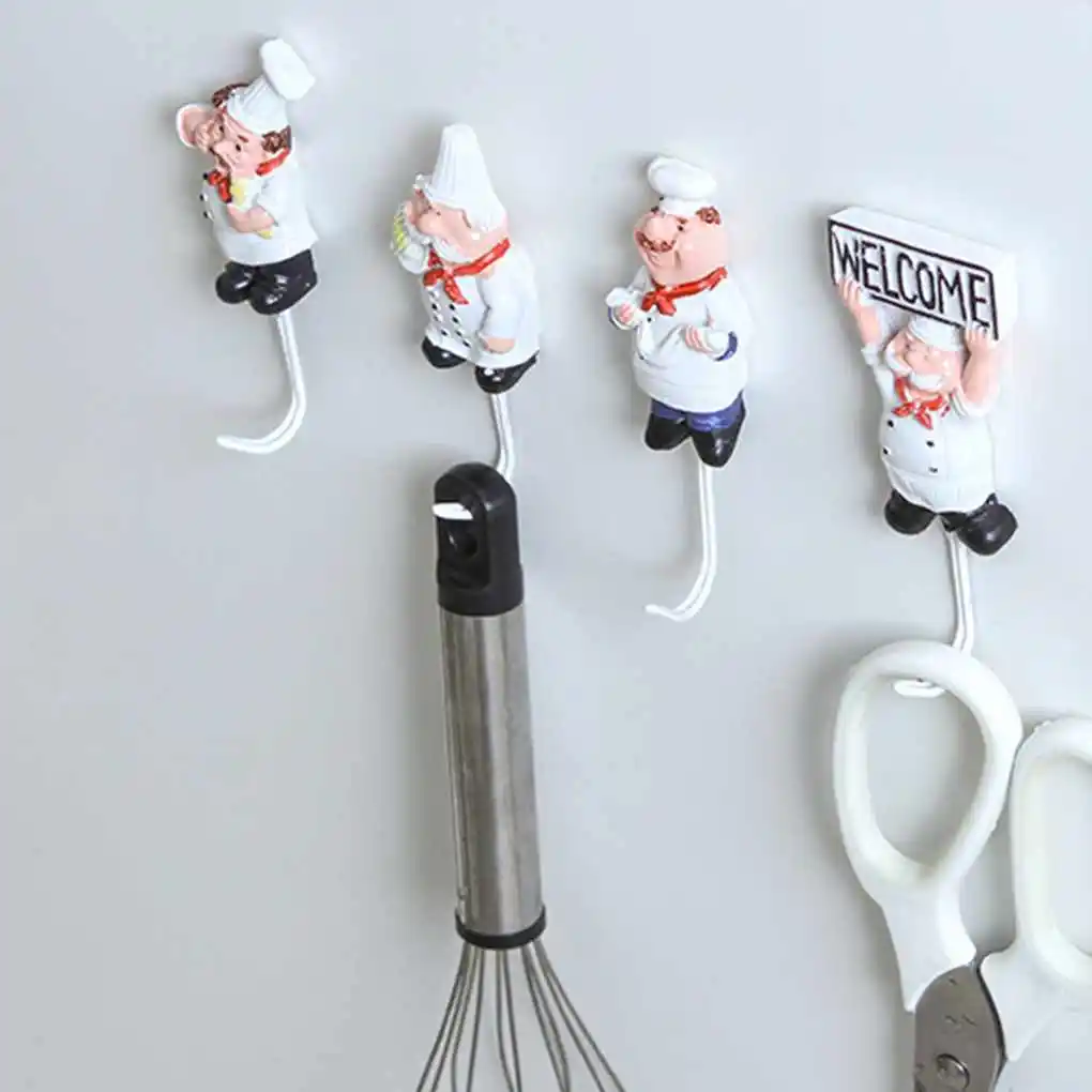 4pcs Cartoon Chef Stainless Steel Sticky Hook Clothes Coat Hat Hanger Kitchen Bathroom Rustproof Towel Hooks