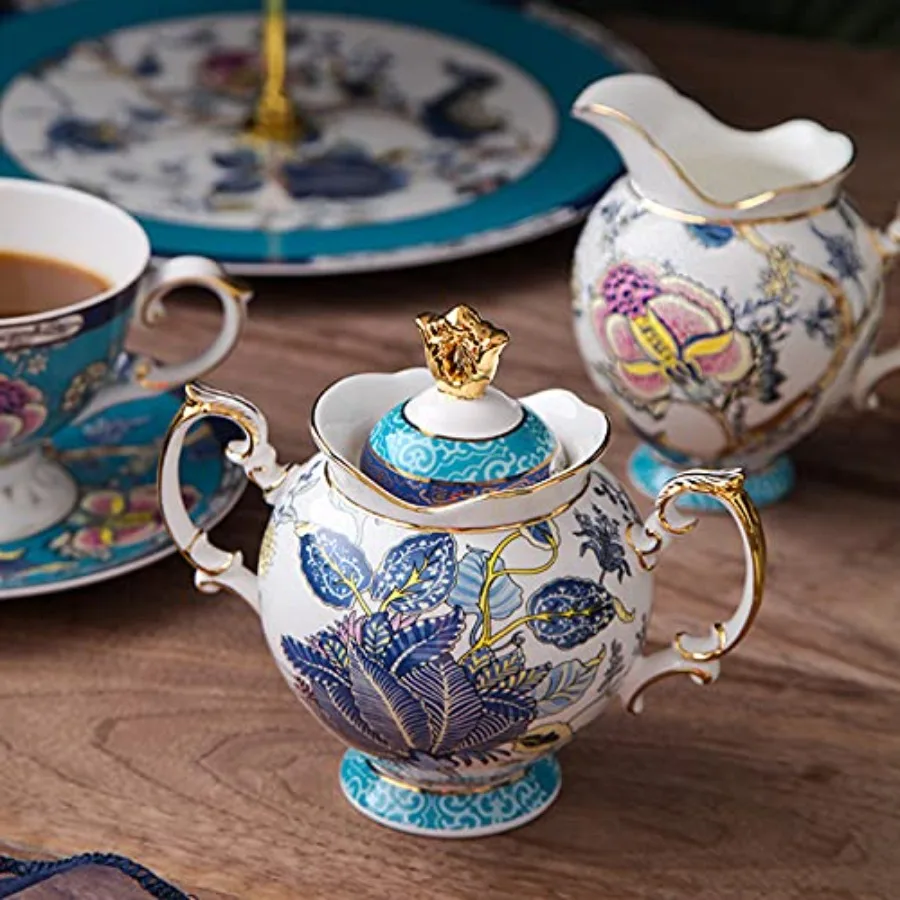 Tea for One Teapot and Bone China Tea Set for Adults - 21-Piece Blue and White Porcelain Tea Set for 6 with Porcelain Cake Stan