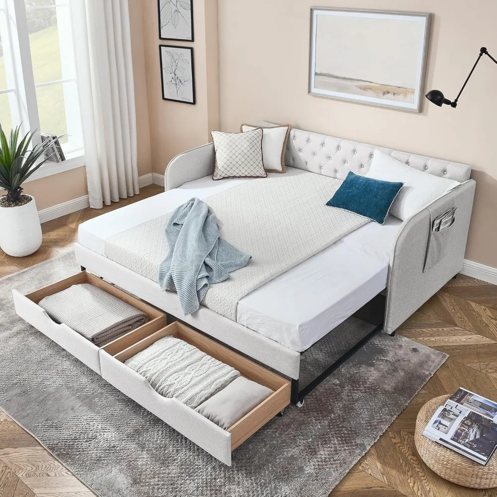 سرير نهاري مزدوج الحجم مع دولاب، أريكة منجدة ممتدة من الكتان مع درجين للتخزين، إطار سرير نهاري من الخشب معنقدة بزر