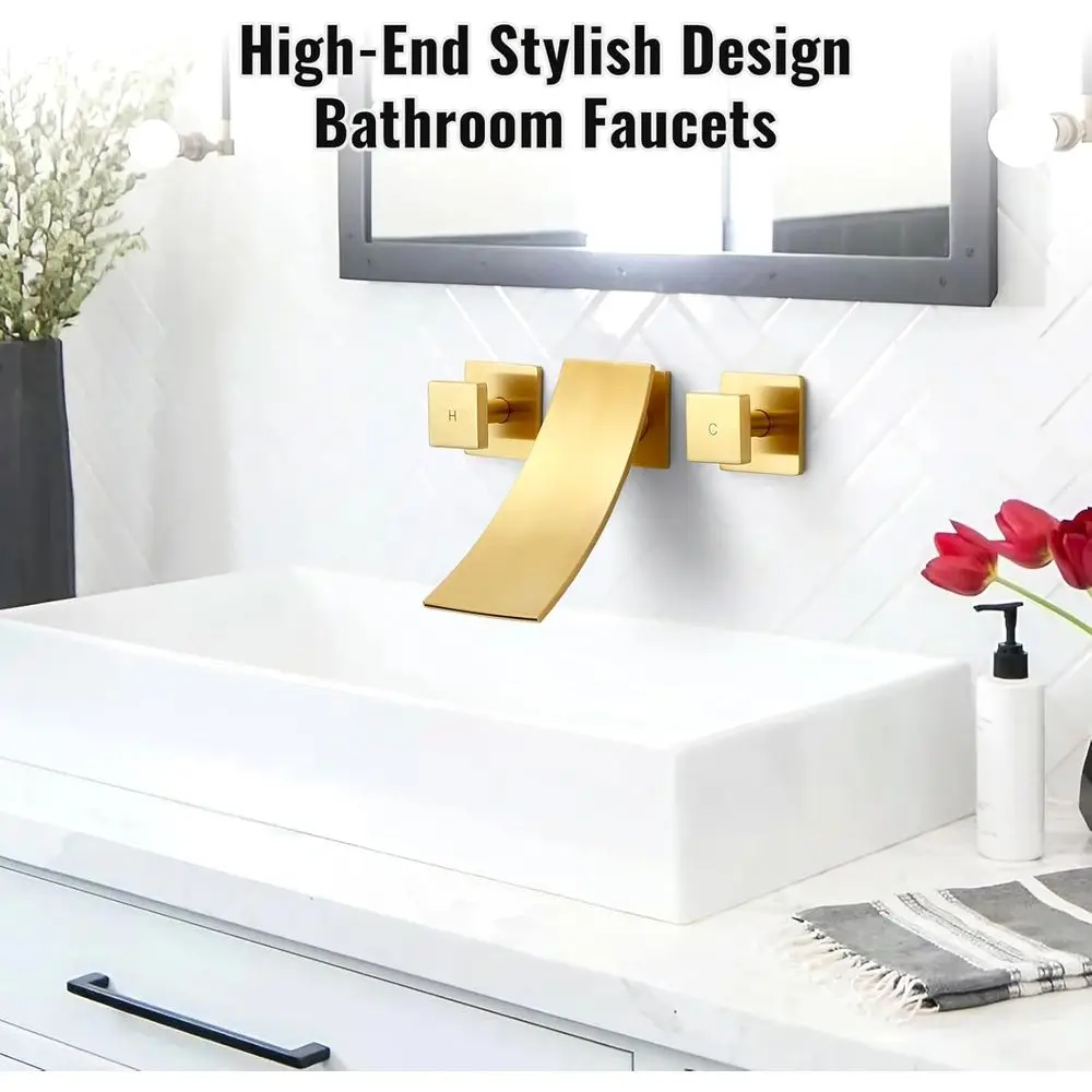 Modern Dual Handle Wall Mount Sink Faucet for Vanity, Lavatory, and Restroom in Brushed Gold Finish with 3 Holes