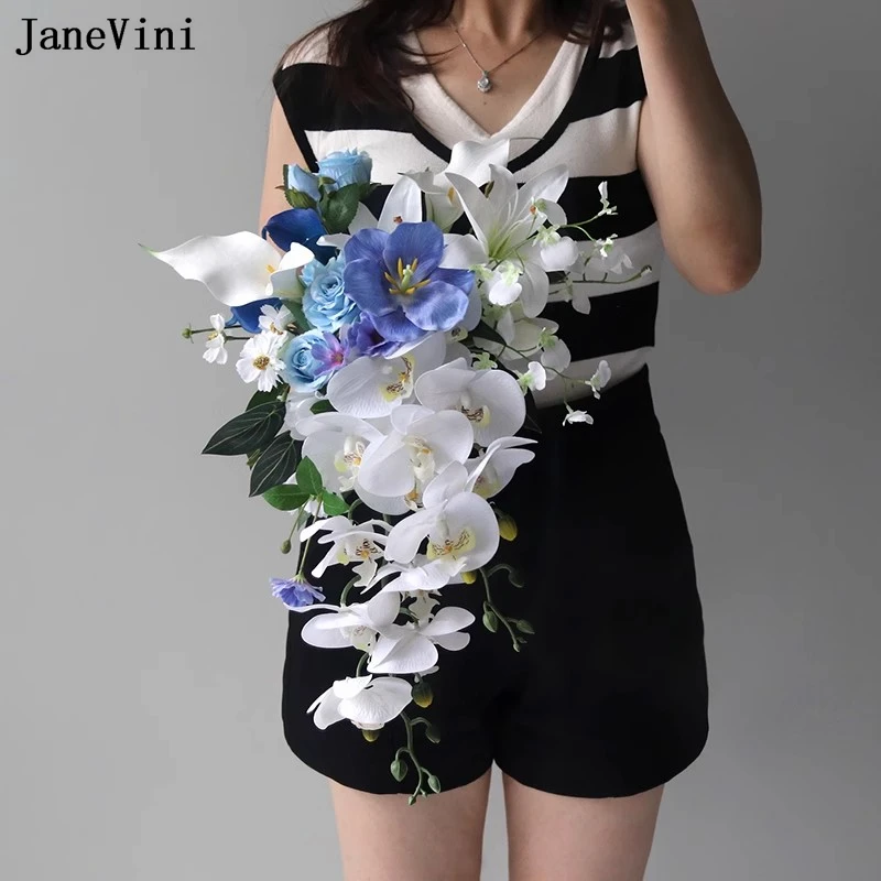 JaneVini 2025 White Calla Lily Waterfall Bridal Bouquets Cascading Butterfly Orchid Artificial Silk Wedding Blue Bouquet Flowers