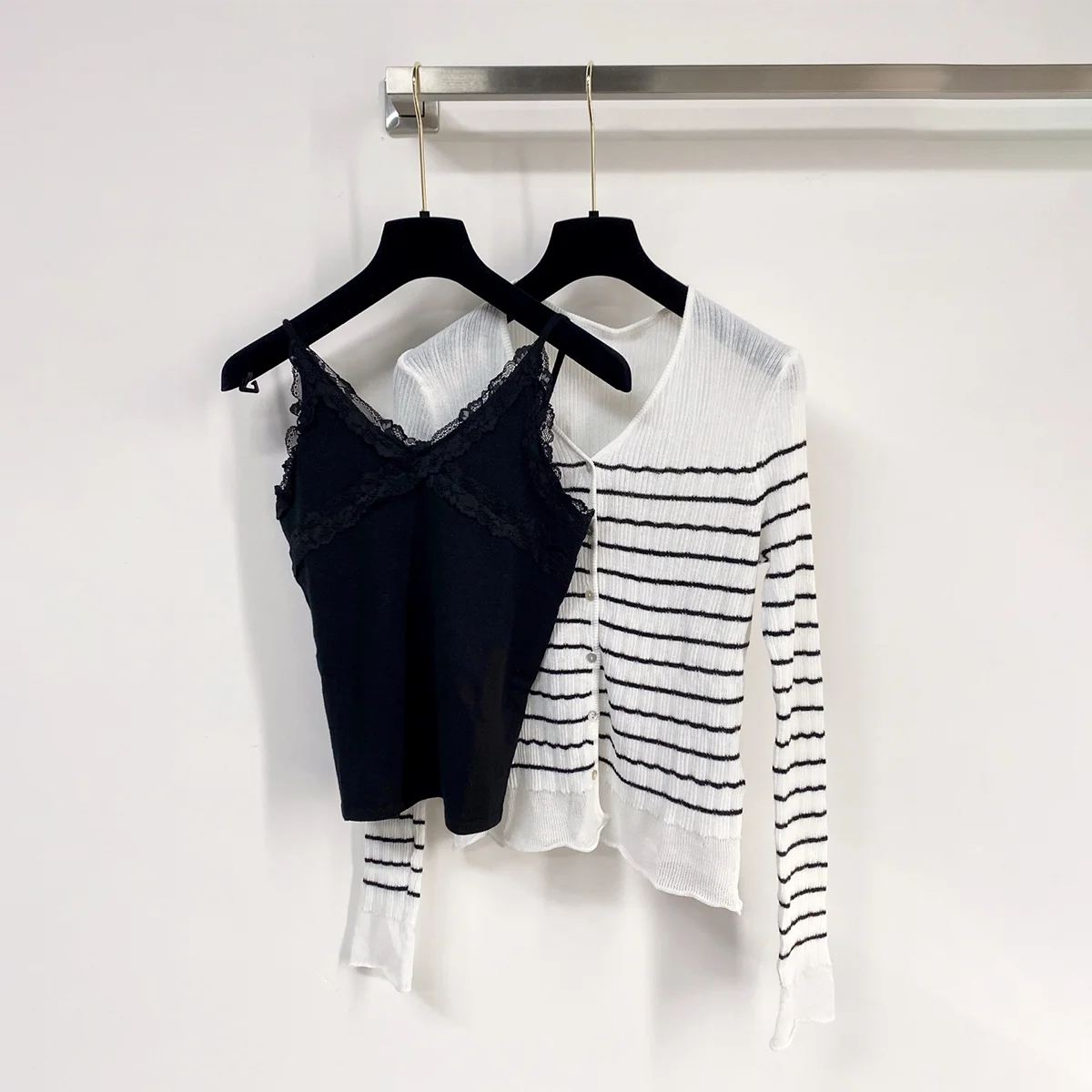 2026 High Quality Women's Striped V-neck Knitted Cardigan Lace Strap Two Piece Set--26919169