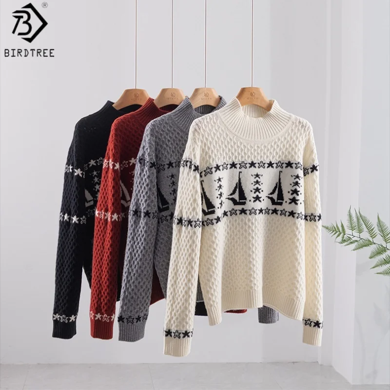 

Birdtree 100% Sheep Wool Warmth Knited Sweater,Woman Jacquard Half High Collar Full Sleeve 2025 Autumn Tops Pullover T59458JF