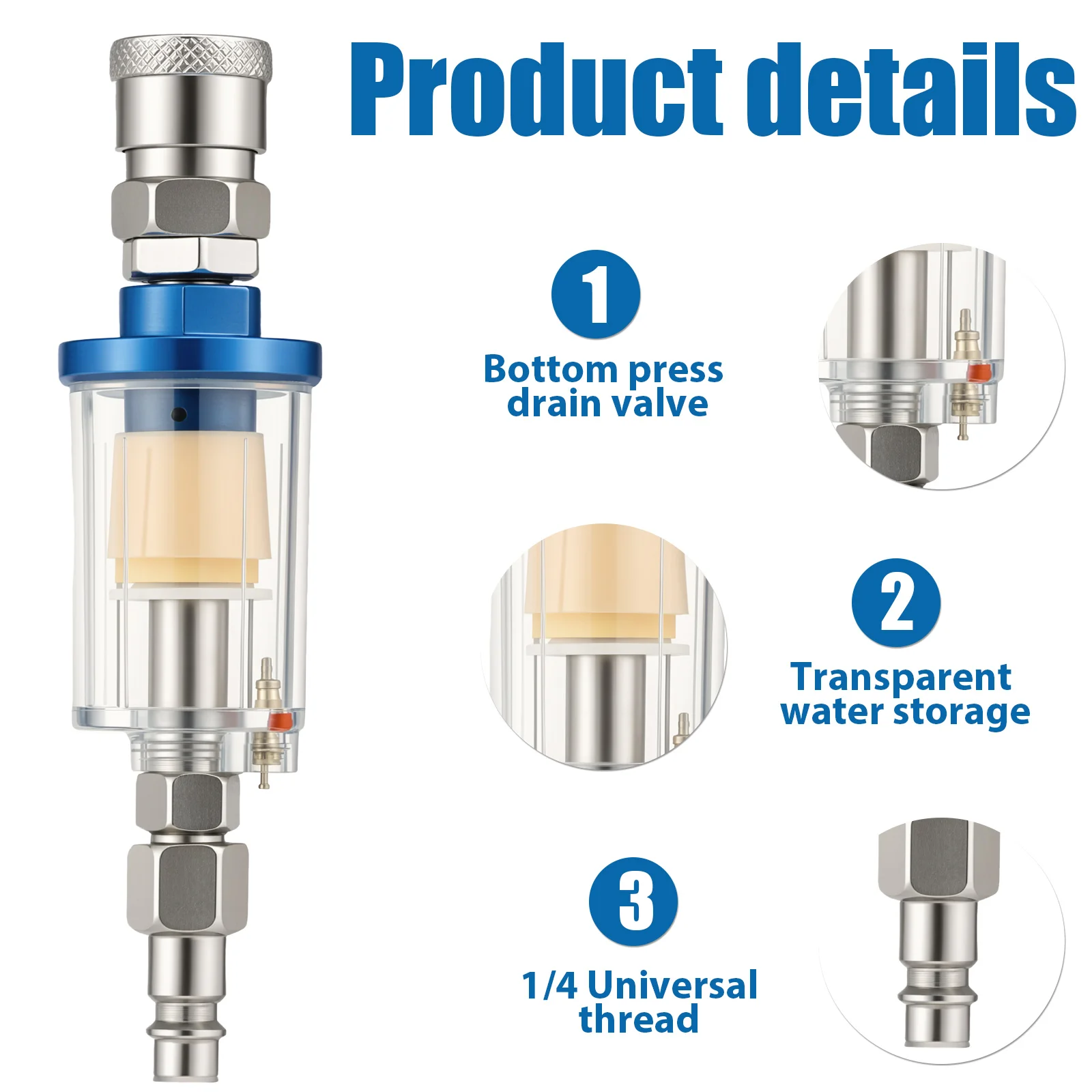 1/4 Inch Inline Air Oil Water Separator Filter with Euro Quick Coupler for Paint Spray Gun Pneumatic Compressor Moisture Trap - view 3