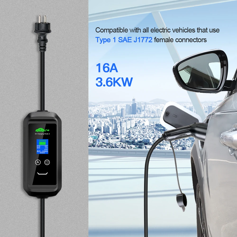 Kolanky Portable EV Charger IEC62196-2 16A 3.6kw EVSE Charging Cable Type1 SAE J1772 EU Plug Wallbox for Electric Car 5M