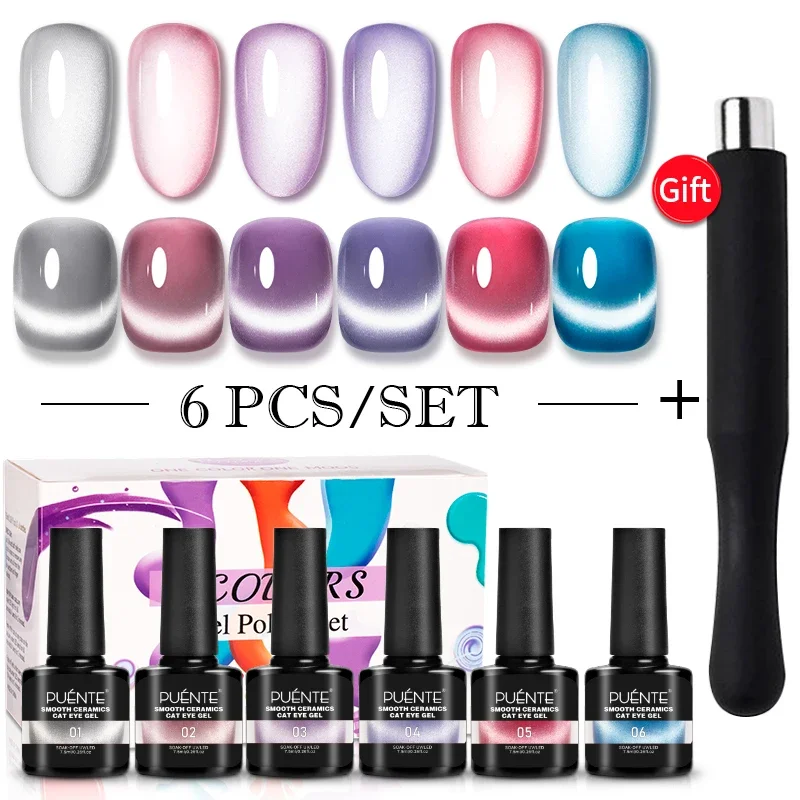 

6Pcs Smooth Ceramics Cat Magnetic Gel Nail Polish Set With Magnet Moonlight Cat Eye Effect Soak Off Semi-Permanent Nail Varnish