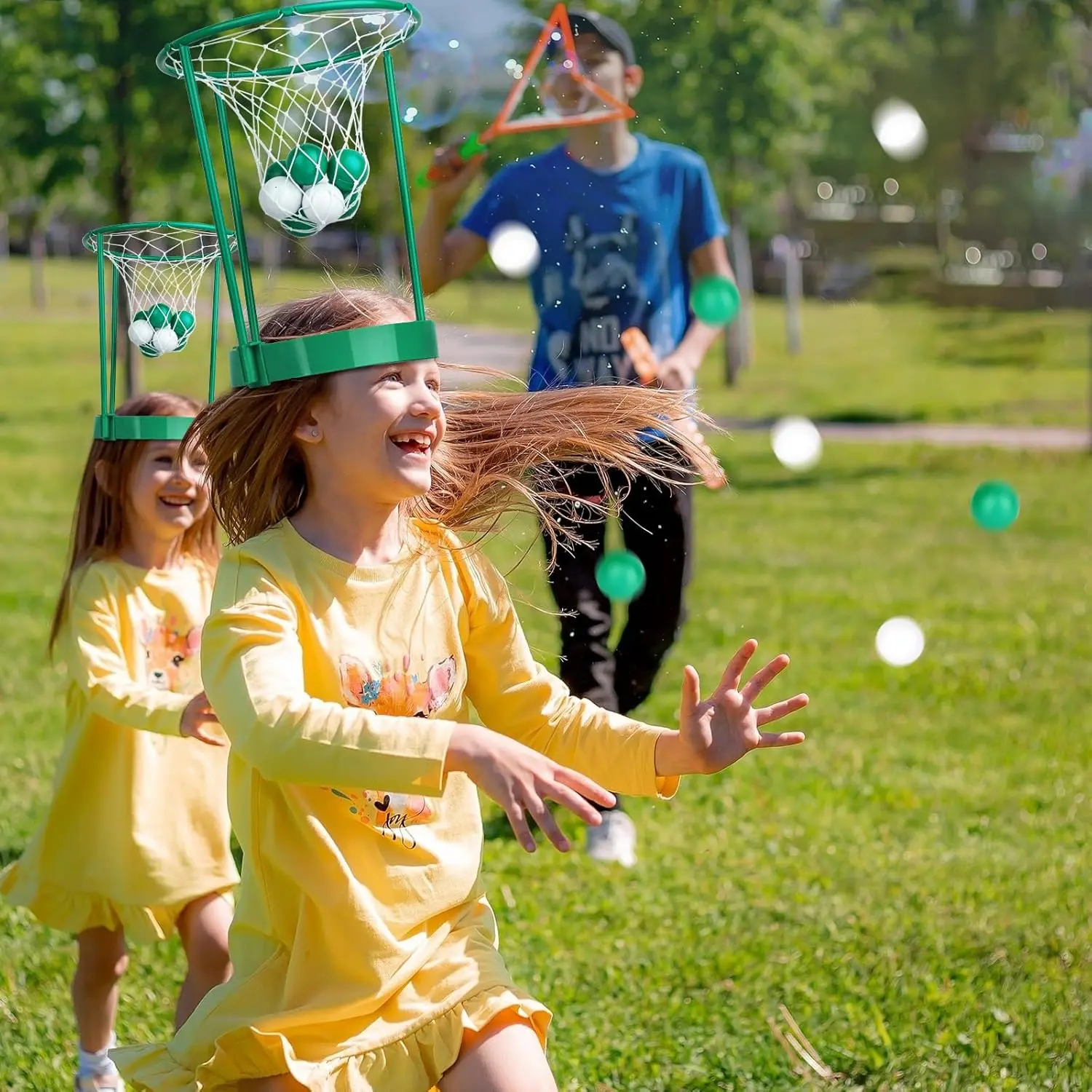 Juego de fiesta de baloncesto con aro para la cabeza para niños y adultos, diadema de red de cesta portátil con bolas para cumpleaños, interiores y exteriores, 2 uds.