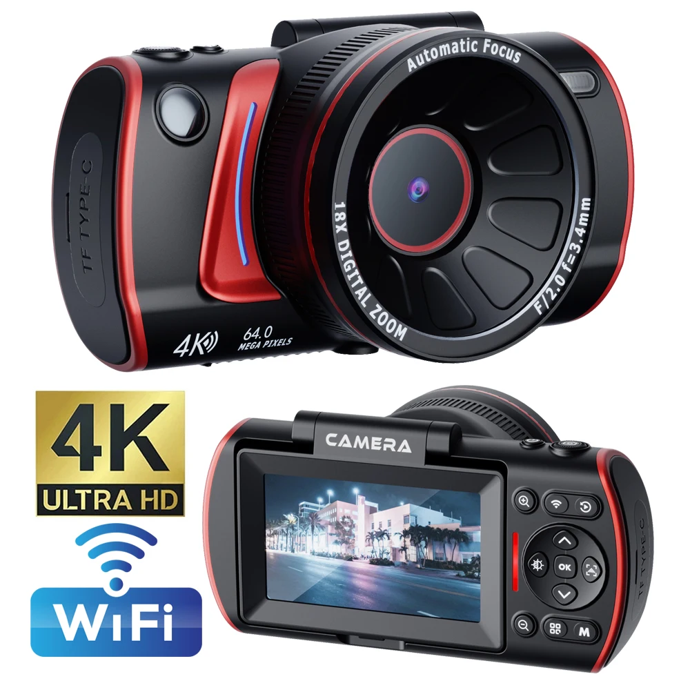 

Цифровая камера XJ100 4K UHD 64 МП с Wi-Fi, портативный монокуляр-телескоп, беззеркальная видеокамера для студентов с 3-дюймовым откидным экраном