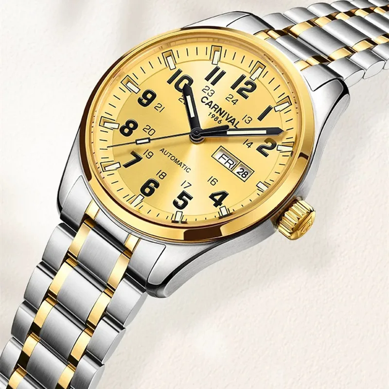 Carnival Brand Luxury Watches for Man Fashion Waterproof Mens Gold Silver Calendar Automatic Mechanical Wristwatch Montre Homme