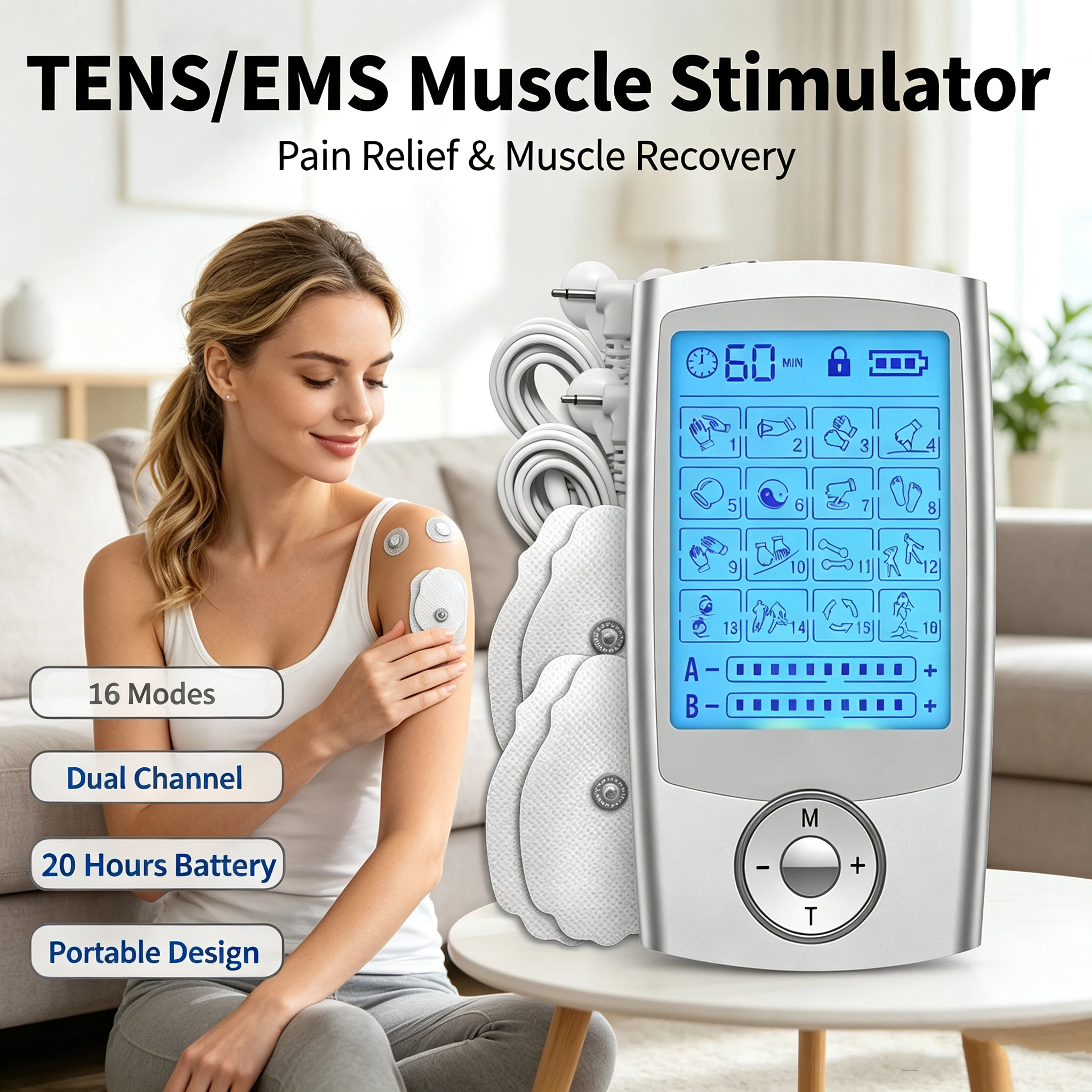 TENS Muscle StimulatorDual Channel Electric Pulse Massager with 16 Modes Muscle Recovery Portable Physical Therapy