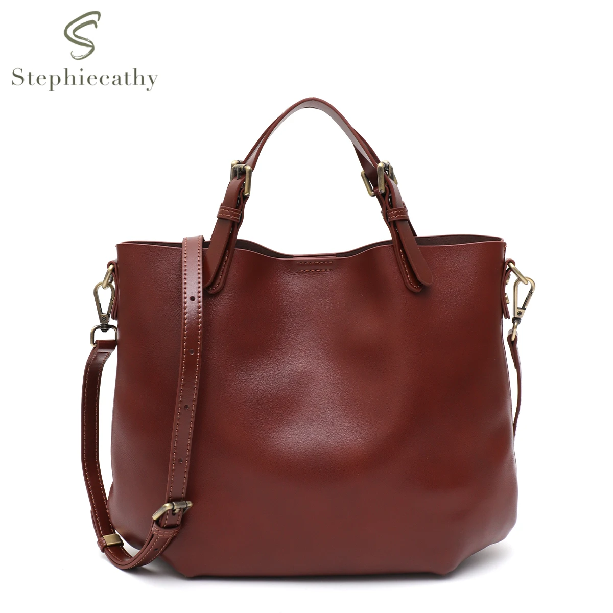 

SC Women Vintage Elegant Real Leather Top-handle Bag Solid Color Simple Design Tote Shoulder Cross Body Handbag Zip Liner Purse