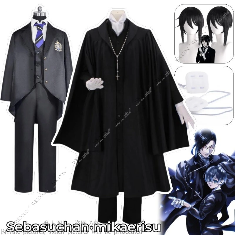 Sebasuchan Anime Black Cosplay Costume Wig Blindfold Ciel Phantomhive Sebastian Michaelis Cross Necklace Boarding School Pastor