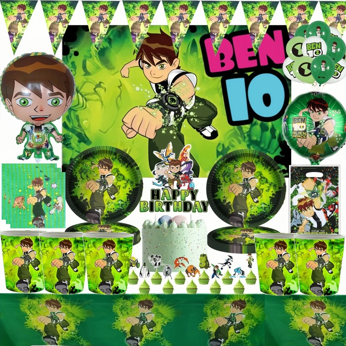 Decoración de fiesta de cumpleaños Ben 10, vajilla desechable, plato de papel, taza, Decoración de Pastel, globo de Ben Boy, suministros de fiesta