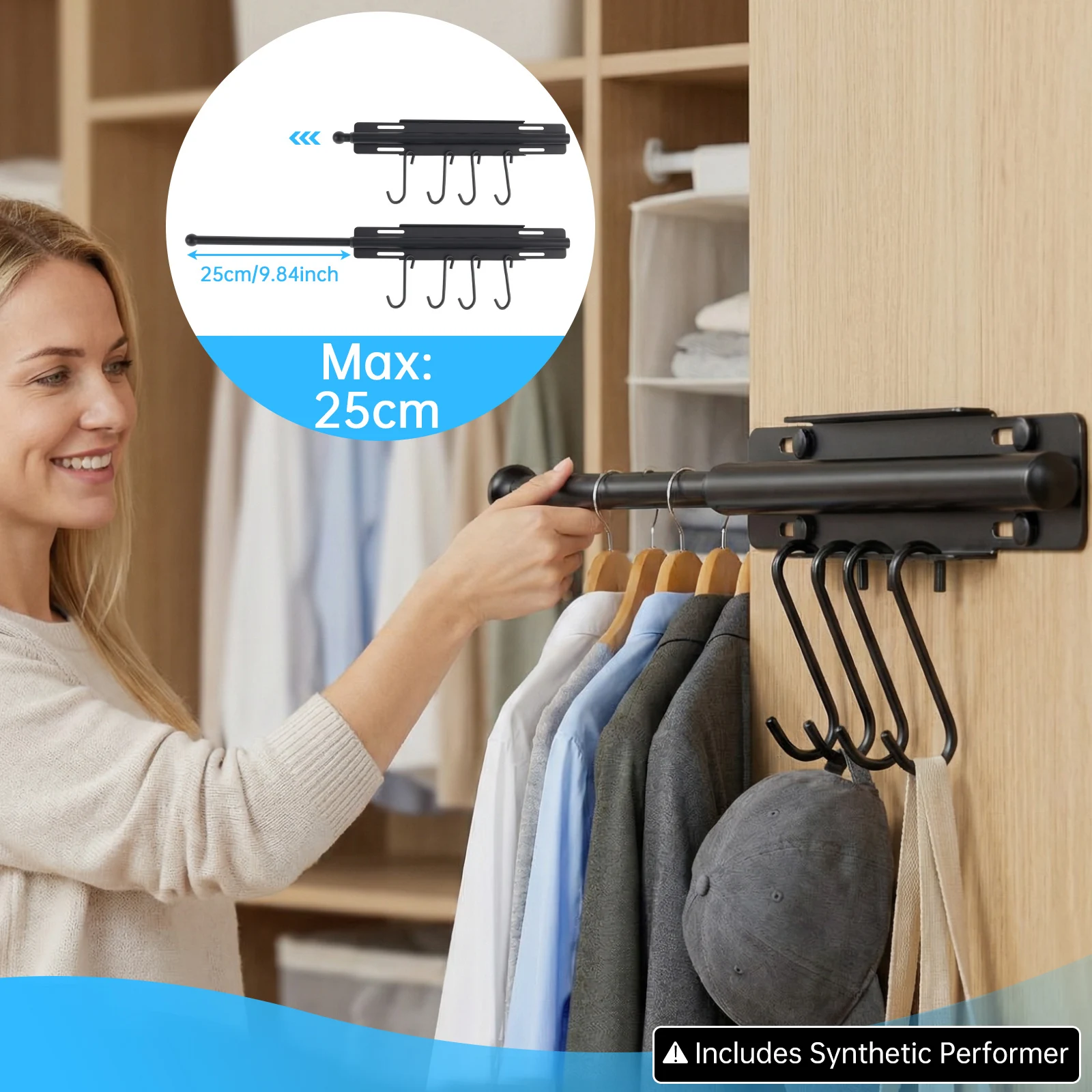 Wall Mounted Valet Rod for Bedroom Laundry Room Bathroom Hanging Clothes Closet Pull Out Adjustable Valet Rod with 4 Hooks