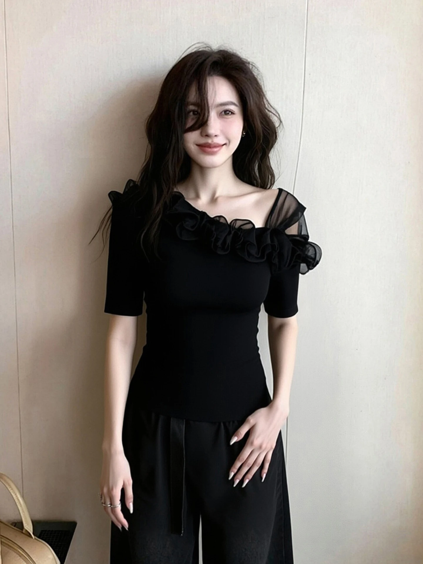 

Korean Style Sexy Shoulder Bared Short Sleeve Net Patchwork Top Women's Fashion Slimming Pure Desire Summer T-Shirt Casual St...