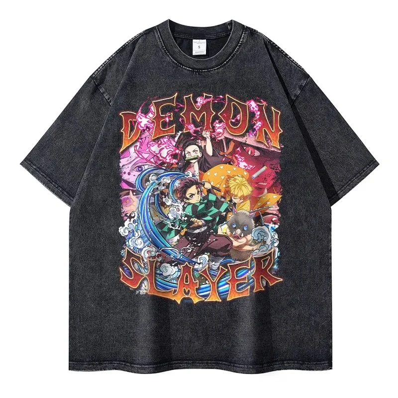 Bilibili Anime D-Demon S-Slayer T Shirts Vintage Washed T-shirt Oversized Short Sleeve Tanjirou Nezuko Rengoku Tops Tees Men