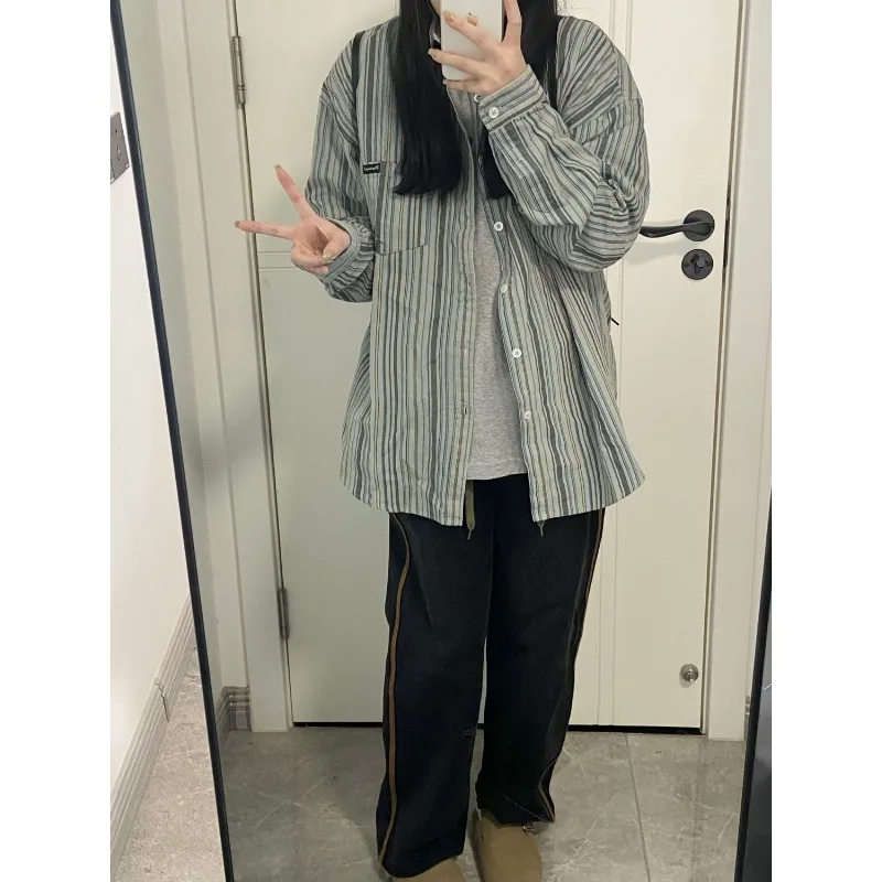 QWEEK Vintage Striped Preppy Korean Style Shirts Oversized Harajuku Casual Blouse Long Sleeve Minimalist Women's Autumn Clothing