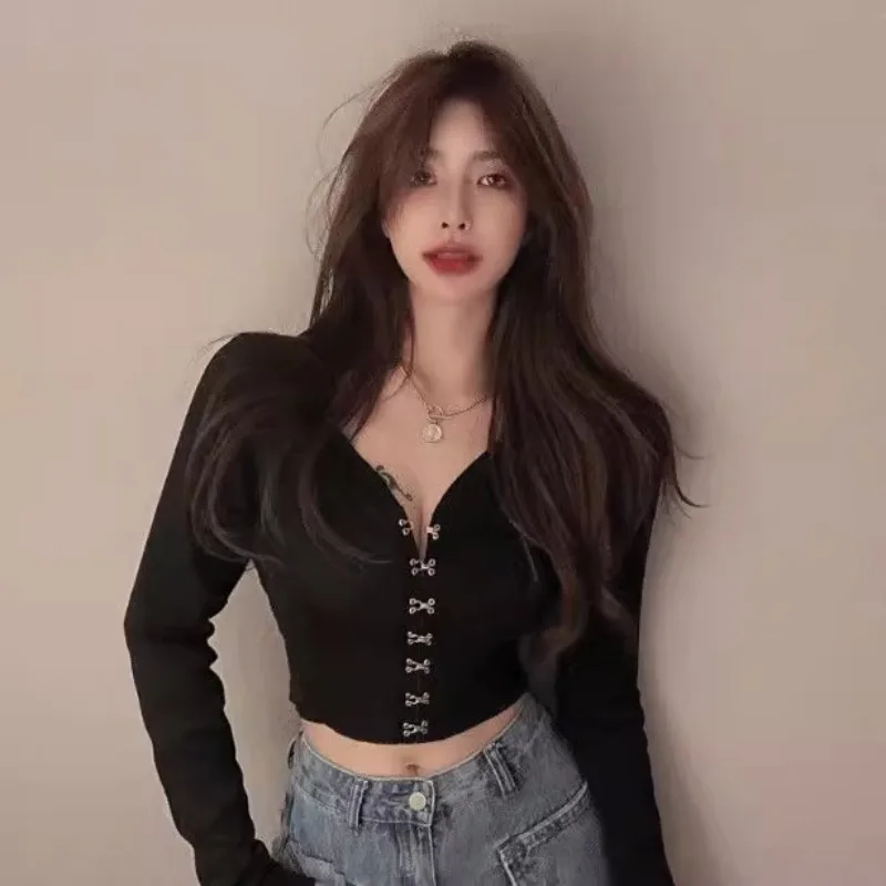 

Elegant Chic Crop Tops Sexy V-neck Knitted Cardigan Spring Autumn Long Sleeve T-shirt Women's Korean Y2k Top Gothic Clothes