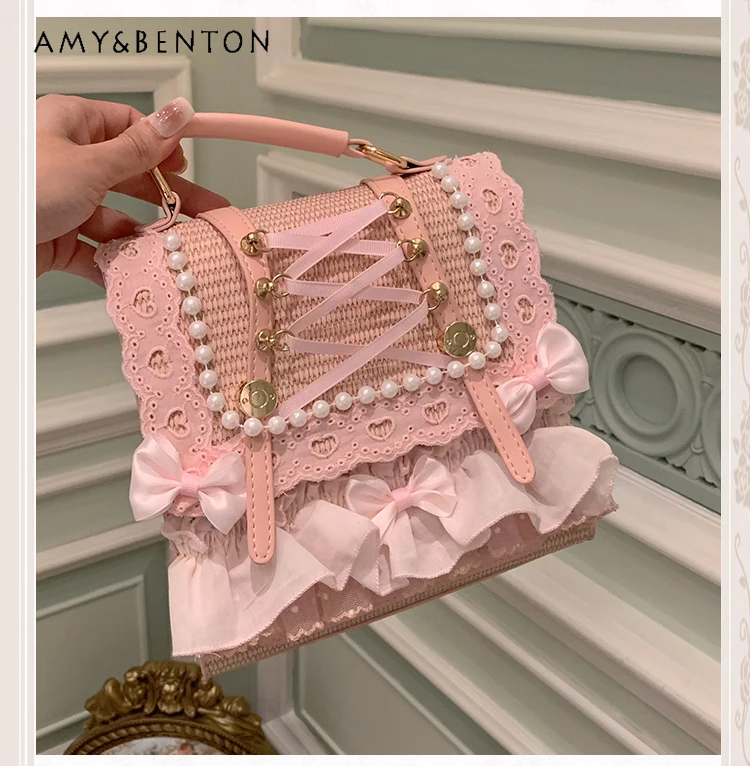 

Original Bowknot Pearl Ribbon Cute Straw Bag Sweet Pastoral Style Backpack French Elegant Temperament Princess Handbag