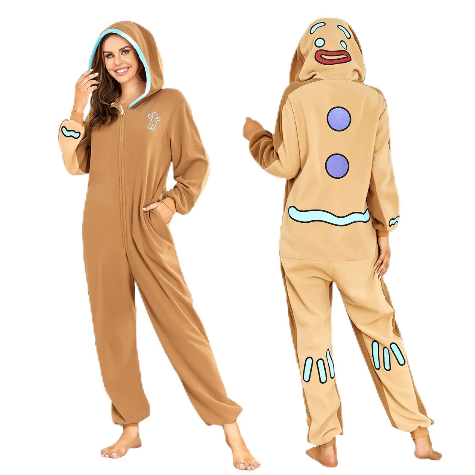 

Gingerbread Man Onesie Unisex Adult Costume One Piece Pajamas Overall Halloween Cosplay Costume Christmas Sleepwear Jumpsuit