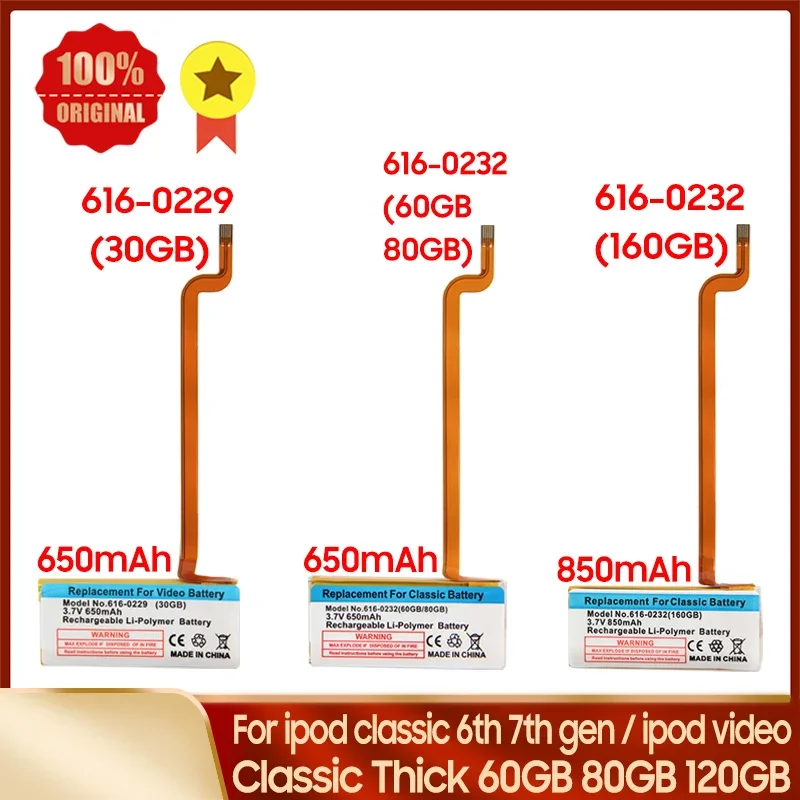 

Replacement Battery 616-0232 850mAh For ipod Video 120GB 80GB 6th 7th For ipod classic 60GB 30 Thin 616-0229 With Tool 650mAh