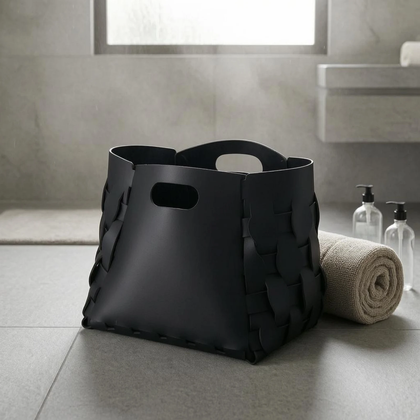 Woven Laundry Hamper Cutout Handles Leather Storage Basket Collapsible Hamper Uncovered Top for Closet Bathroom Home