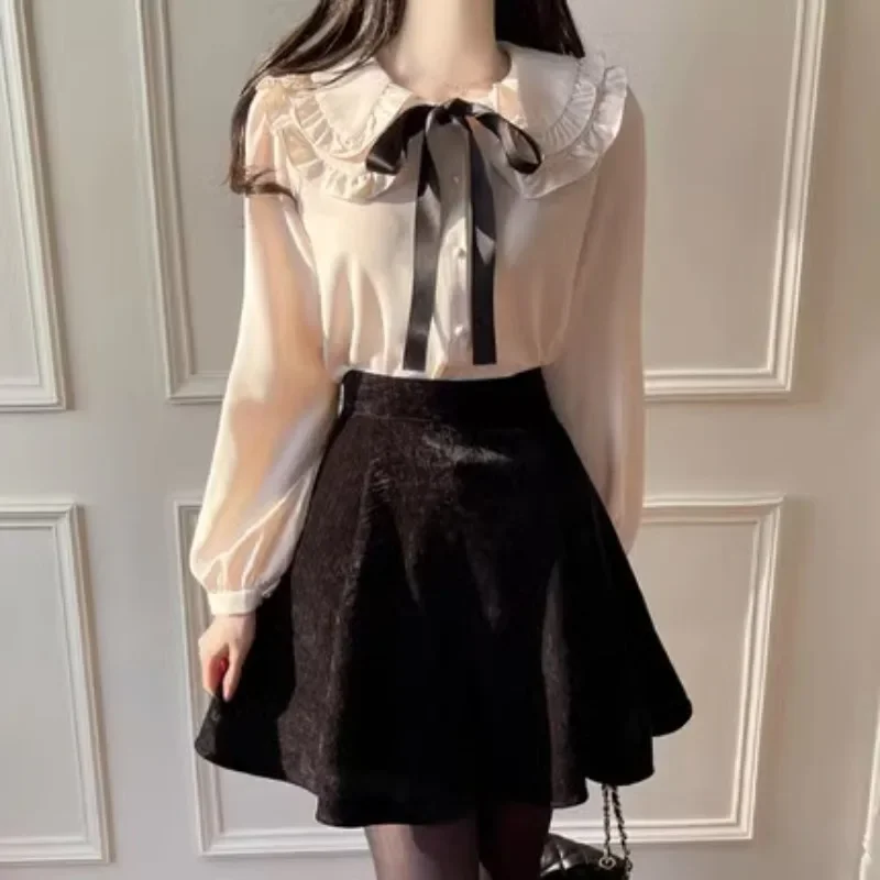 Gagarich Women Fashion Doll Collar Chiffon Shirt Long Sleeve Foreign Style Autumn Winter New Bow Design Fairy Top Blouse