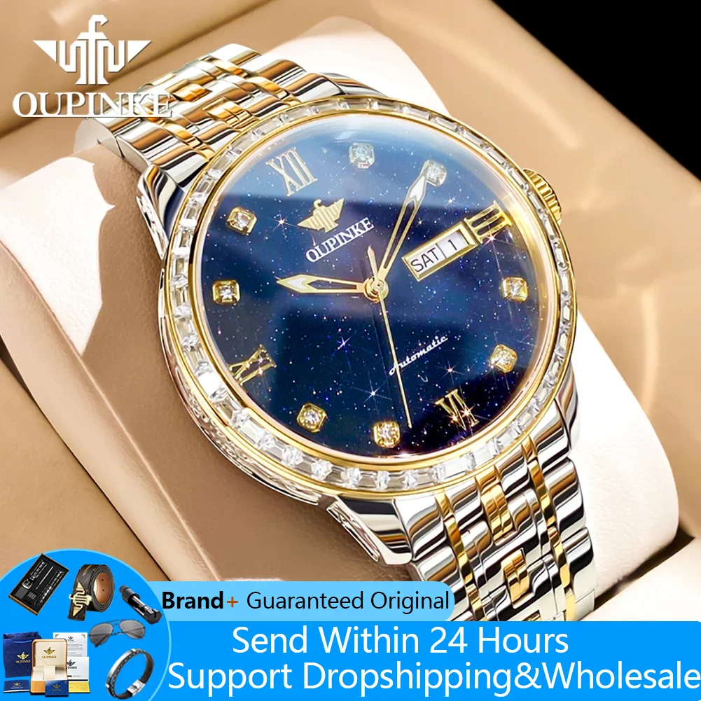 

OUPINKE 3241, мужские автоматические часы, роскошные механические часы со звездным небом и циферблатом для мужчин, глубокие водонепроницаемые мужские наручные часы с двойным календарем