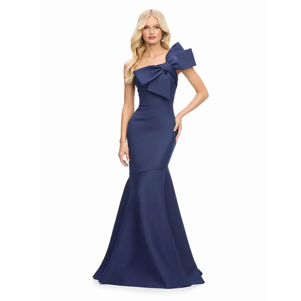 

Dream Blue High Quality Classic Evening Dresses Satin for Floor-Length Strapless Sleeveless Prom Dress Bow Mermaid Customized
