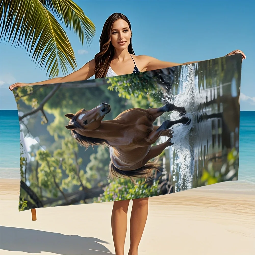 Horse Beach Towel, Running Horse Print, Quick Dry Microfiber, Sand Free, Oversized for Beach, Pool, Travel, Equestrian Gift