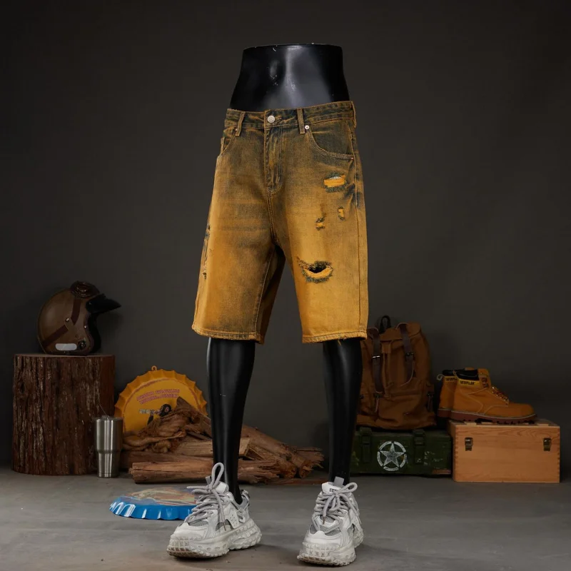 Men's Denim Shorts Summer 2026 New Vintage Style Mud Yellow, Washed, Ripped, Loose, Stylish, Five-Point, Versatile, Casual Daily