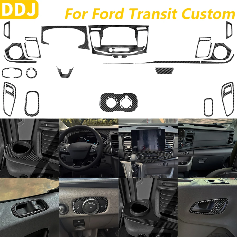 For Ford Transit Custom 2021-2026 Carbon Fiber Speedometer Radio CD AC Air Vent Window Lift Trim Set Car Accessories Sticker