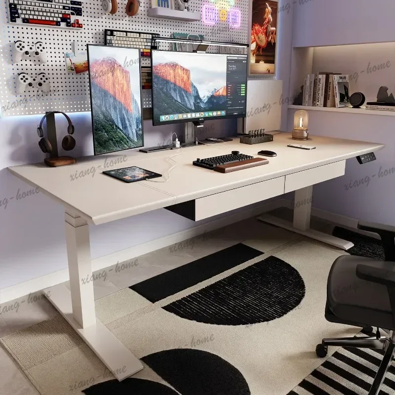LD Nordic Creative Khaki Saddle Leather Lifting Desks Modern Designer Automatic Lifting Office   Office Furniture
