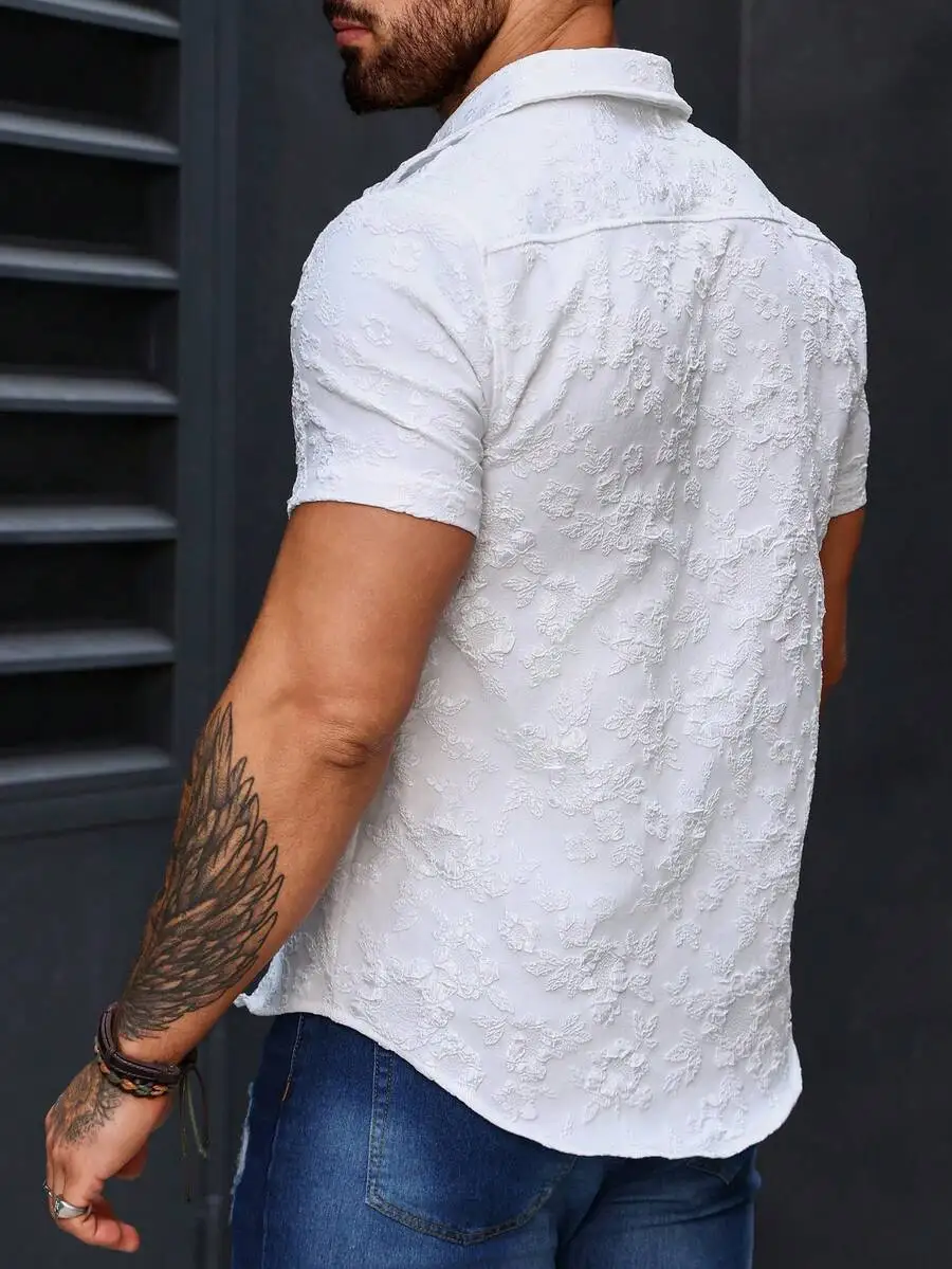 Manfinity Homme Men's Jacquard Single Breasted Short Sleeve Shirt , Slim Fit Button Up Plain All White Casual Husband