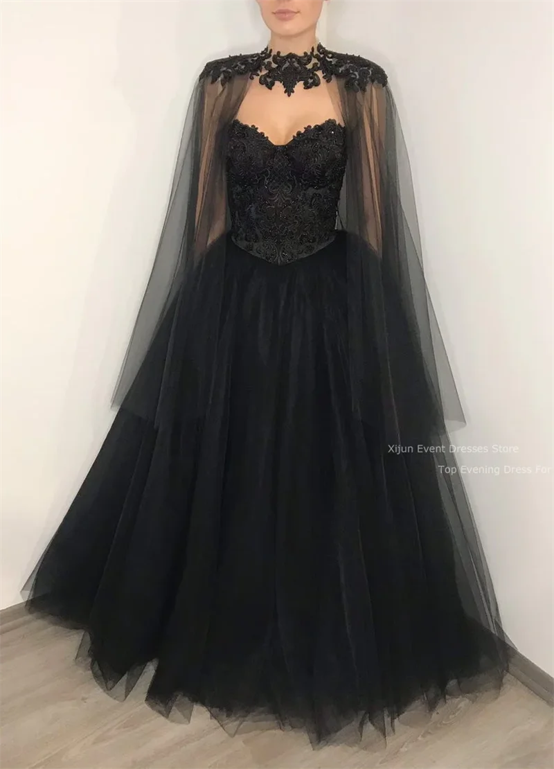 XIjun Black Evening Dresses Lace Flower Appliques Prom Dresses Cape Sleeves Party Dresses Tulle Backless Prom Gowns Floor Length