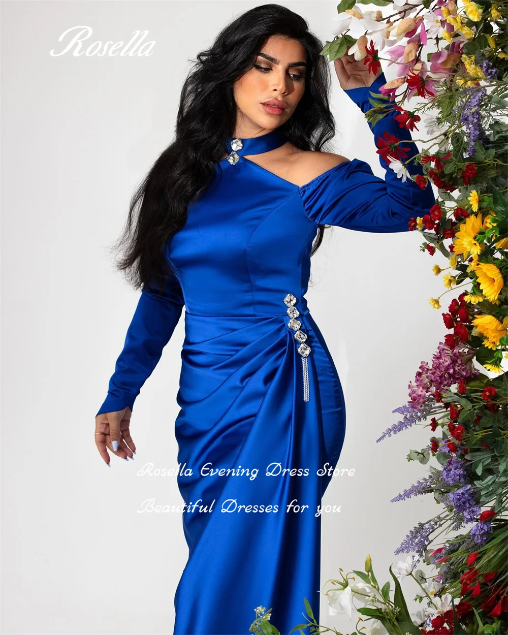 ROSELLA-vestidos de Noche Azul Real con cuello Halter, vestidos de fiesta con cristales, vestidos de sirena de manga larga para baile de graduación, nuevo 2023