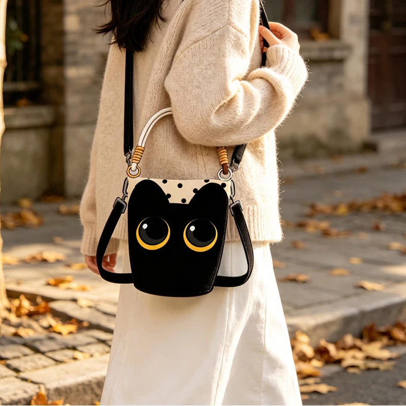 Gepunktete Cartoon-Katzen-Canvas-Umhängetasche, Niedliche Schwarze Kätzchen-Beuteltasche, Geräumige Casual-Shopper-Tragetasche – Detail 9