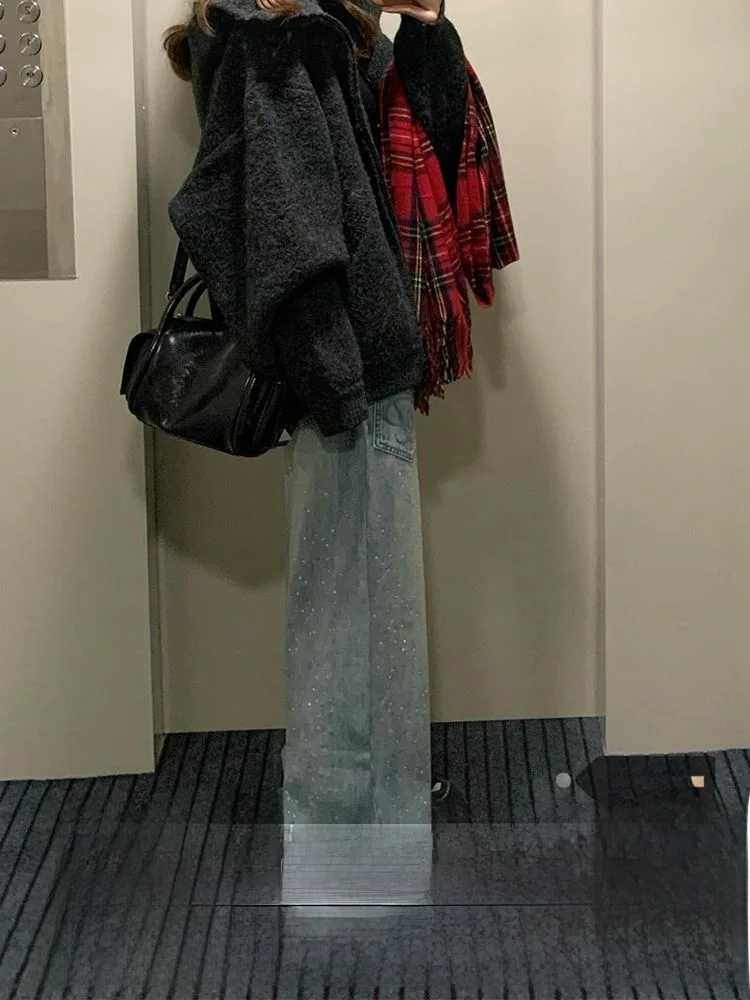 

Джинсы из американской ткани с вышивкой в стиле ретро, женские осенне-зимние прямые брюки с высокой талией и дизайном