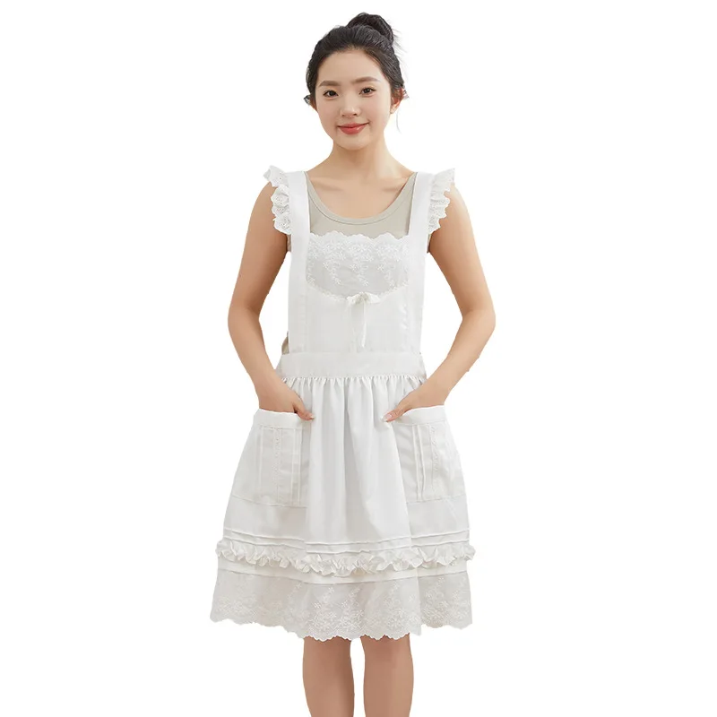 White Lace Woman Apron Dress Restaurant Coffee Shop Salon Service Work Bib Fashion Lolita Household Kitchen Cleaning Pinafore