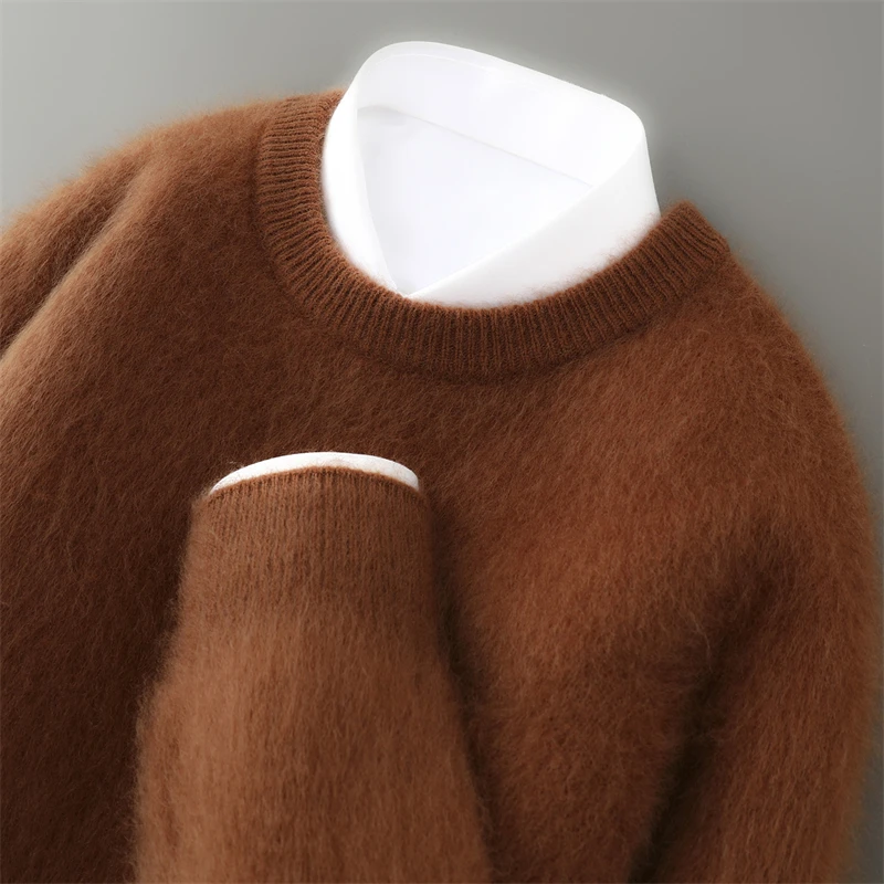 Men's O-Neck Pullover Sweater Fluffing Pure Wool Knit Warm Solid Color Business Bottoming Long Sleeve Top for Autumn Winter
