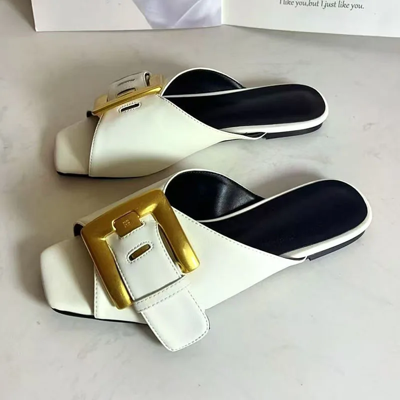 Blue Denim Slippers Woman Open Toe Gold Buckle Decor Flat Shoes Lady Sexy Gladiator Sandals view 5