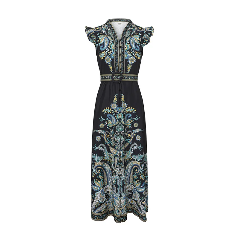 

Women's Summer Vintage Paisley Print Dress V-Neck Ruffle Flying Sleeve Single-Breasted Belt Long Holiday Vestidos