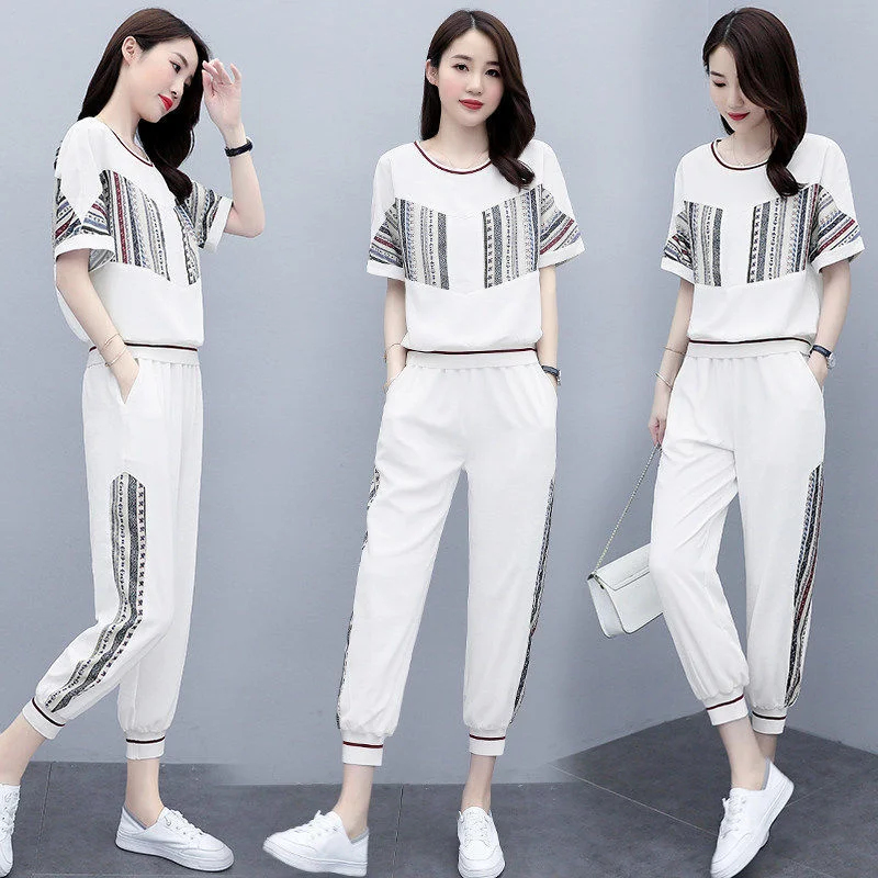 Sweat Suits For Women Two Set 2022 Spring And Summer New Fashion Casual Korean Clothes Short Sleeve Top Pants Women\'s Tracksuit